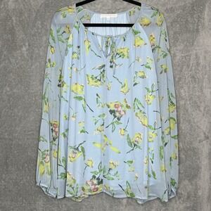 Adyson Parker 3X Shirt Top Blue Floral Sheer Long Sleeve Keyhole Scoop Neck